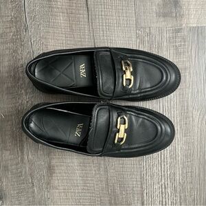 Zara Womens Black Loafers with Gold Accent